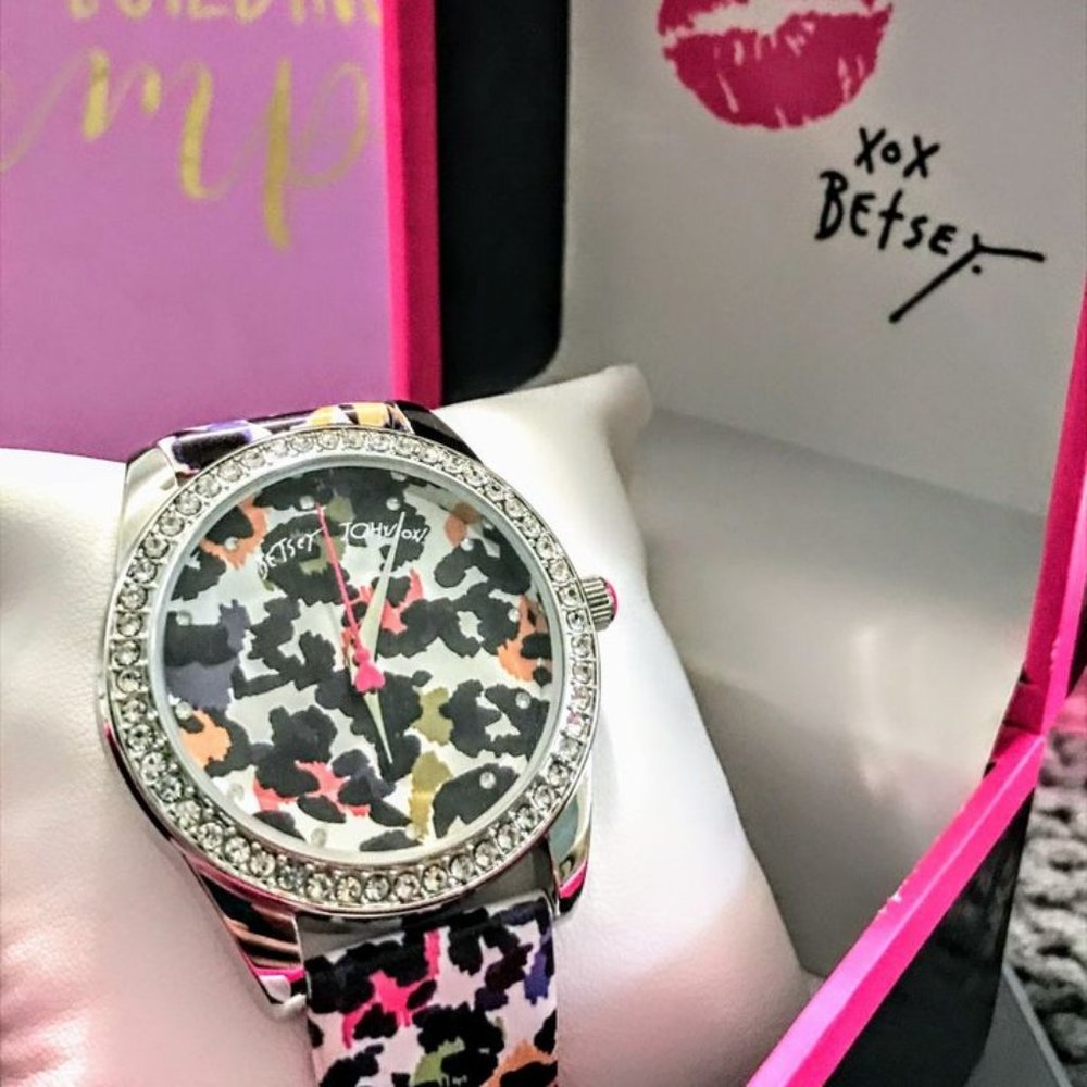 Betsey Johnson Multicolor Leopard Print Crystal Bezel Women's Watch